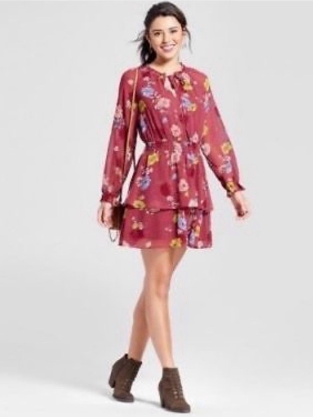 Xhilaration Rose Floral Long-Sleeve Tiered Mini Dress